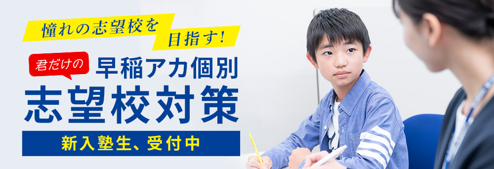 憧れの志望校を目指す！君だけの早稲アカ個別志望校対策 新入塾性、受付中 右側に生徒と教師の写真